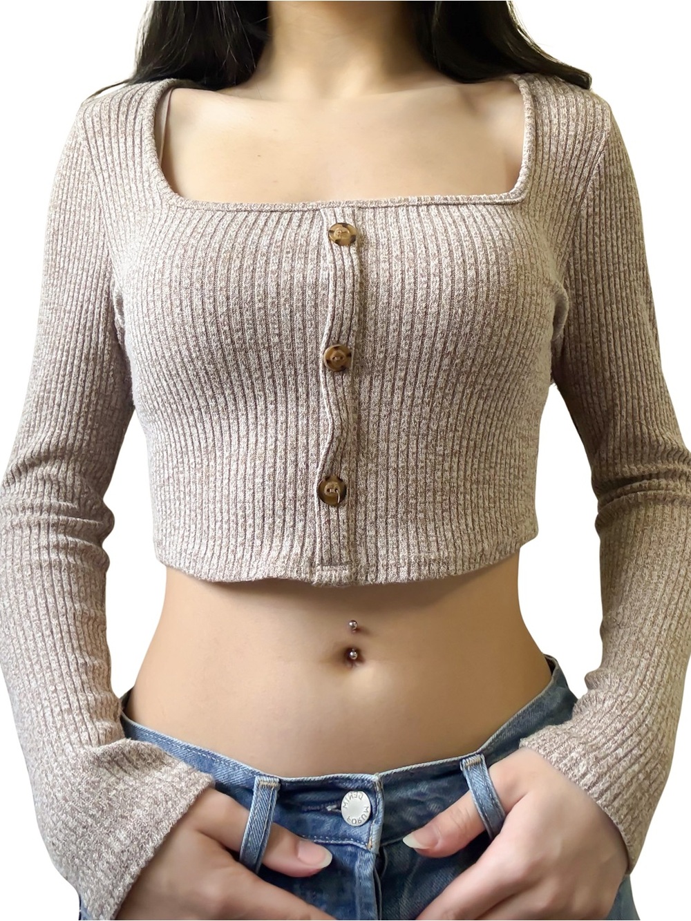 FASHION NOVA Ribbed Button-Front Square Neck Long Sleeve Crop Top Taupe EUC - Picture 3 of 10